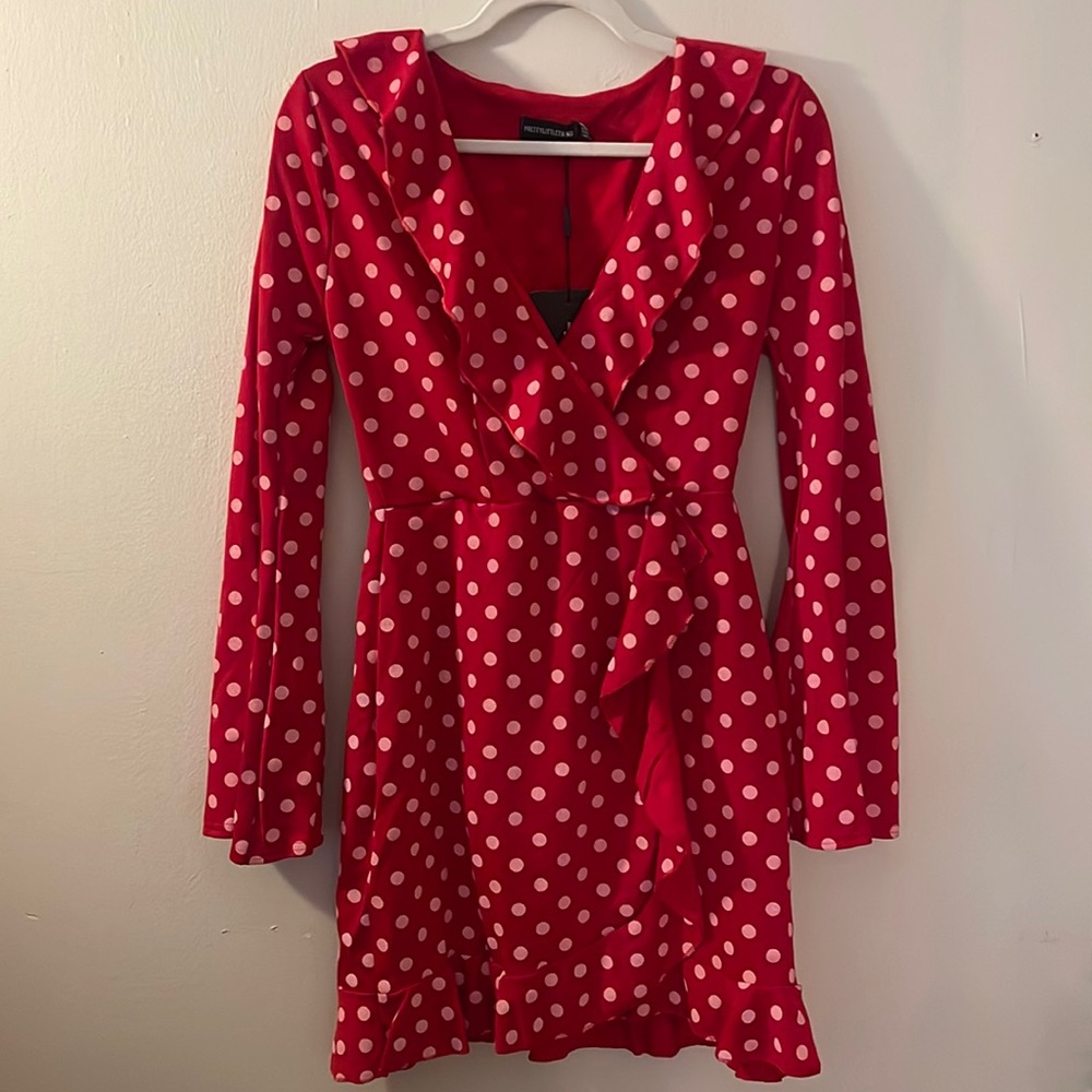 NWT red polka dot flare sleeve wrap dress